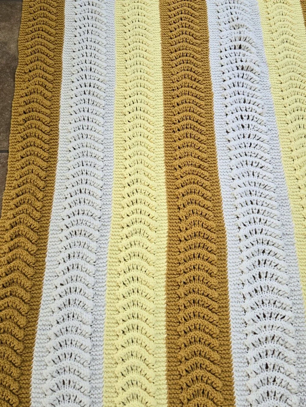 Striped Crochet Throw Blanket in Mustard, Yellow & White